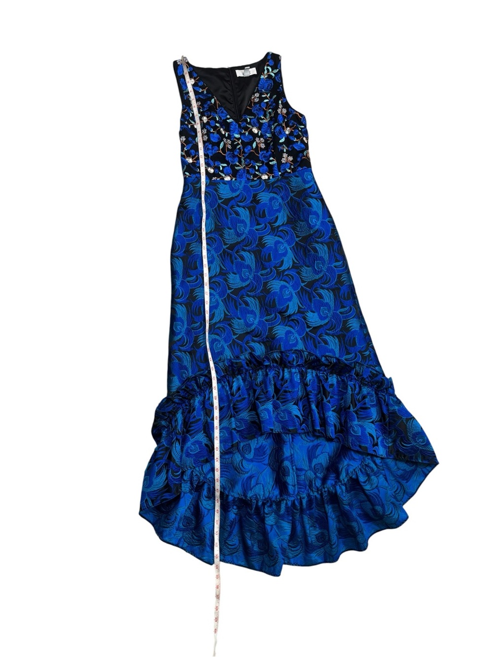 Belle Badgley Mischka Blue Embroidered High Low Jacquard Dress Size 6 - Picture 6 of 15